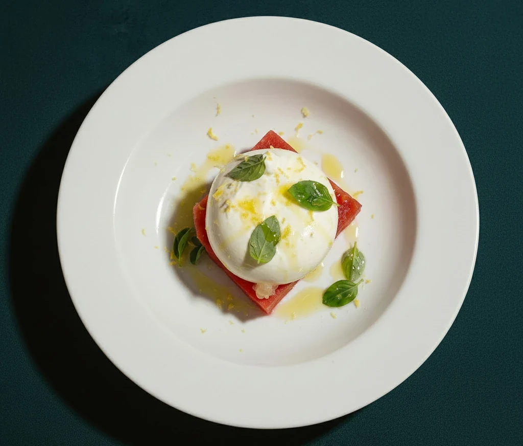Immagine generata con AI: composizione di latticino e vegetali su un piatto bianco, vista dall’alto.