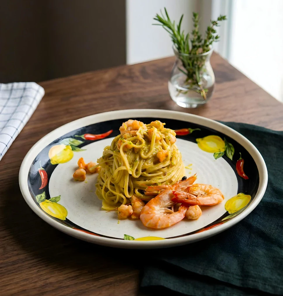 Immagine generata con AI: pasta e crostacei su un piatto in un’ambientazione di tavola.