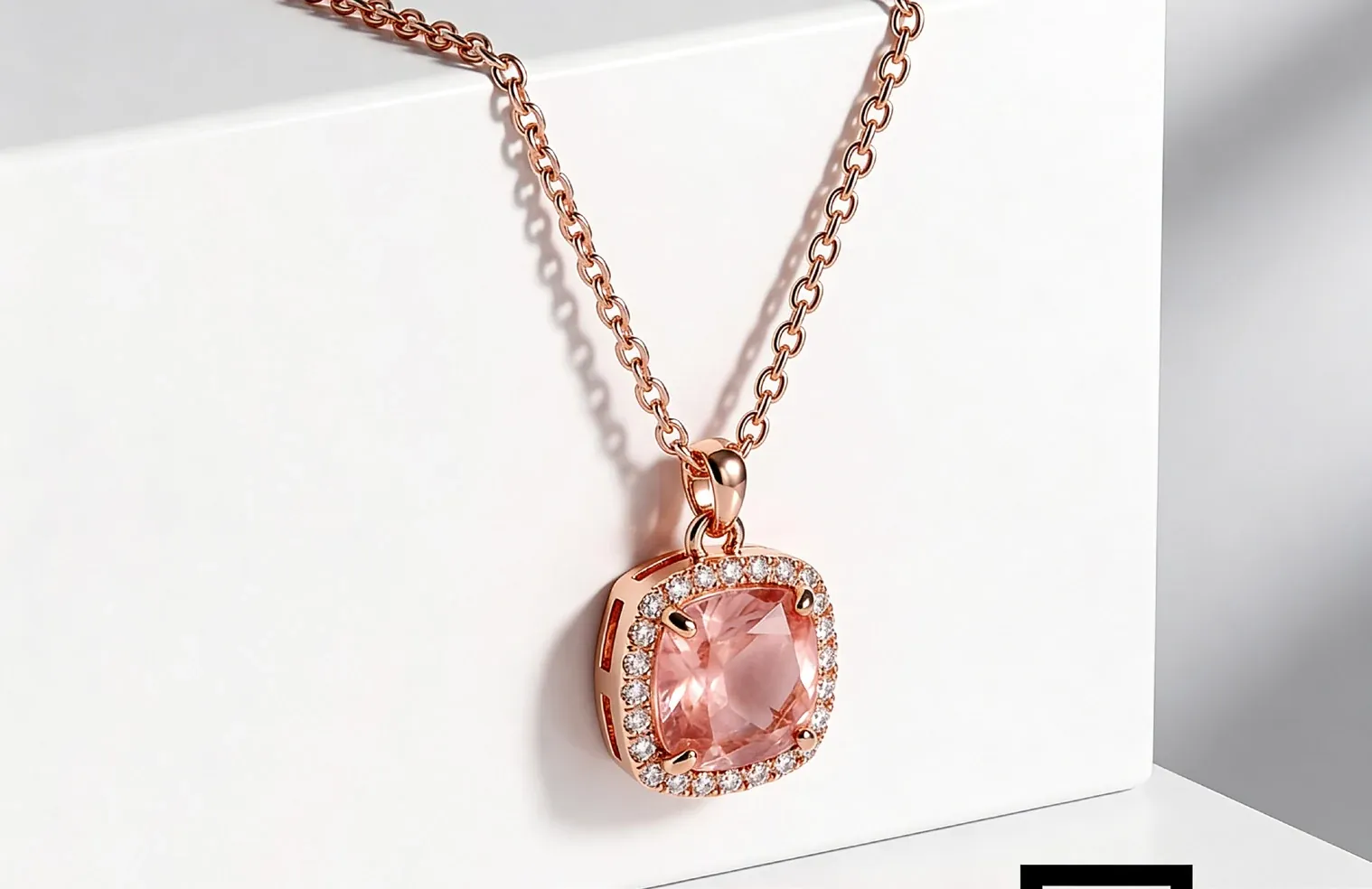 Immagine generata con AI: pendente rosa su un supporto bianco.