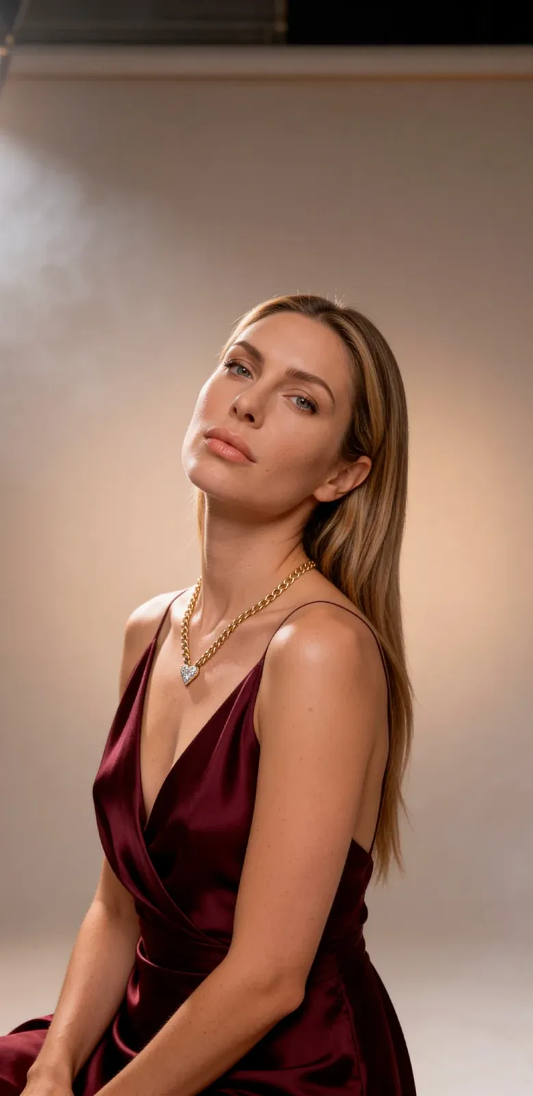 Immagine generata con AI: posa laterale con abito bordeaux e collana indossata.