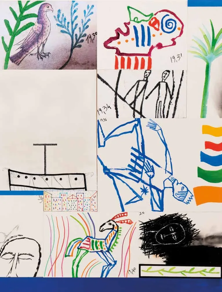 Collage illustrato con segni, colori e composizione grafica.