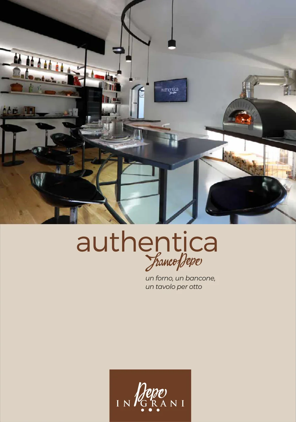 Copertina della brochure Authentica di Franco Pepe: fotografia del locale, marchio e titolazione.