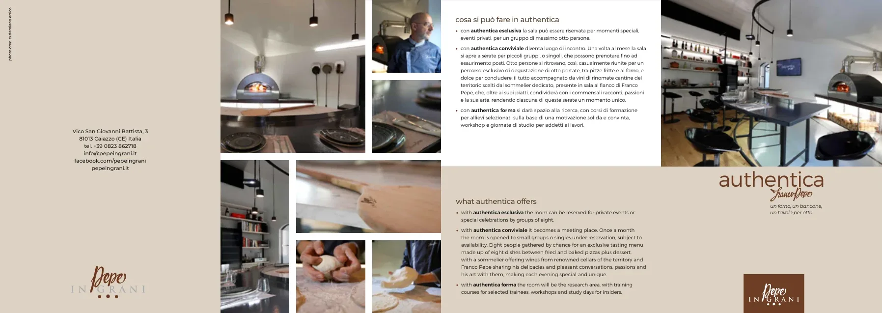 Sviluppo esterno della brochure Authentica con pannelli, fotografie, testi e informazioni di contatto.