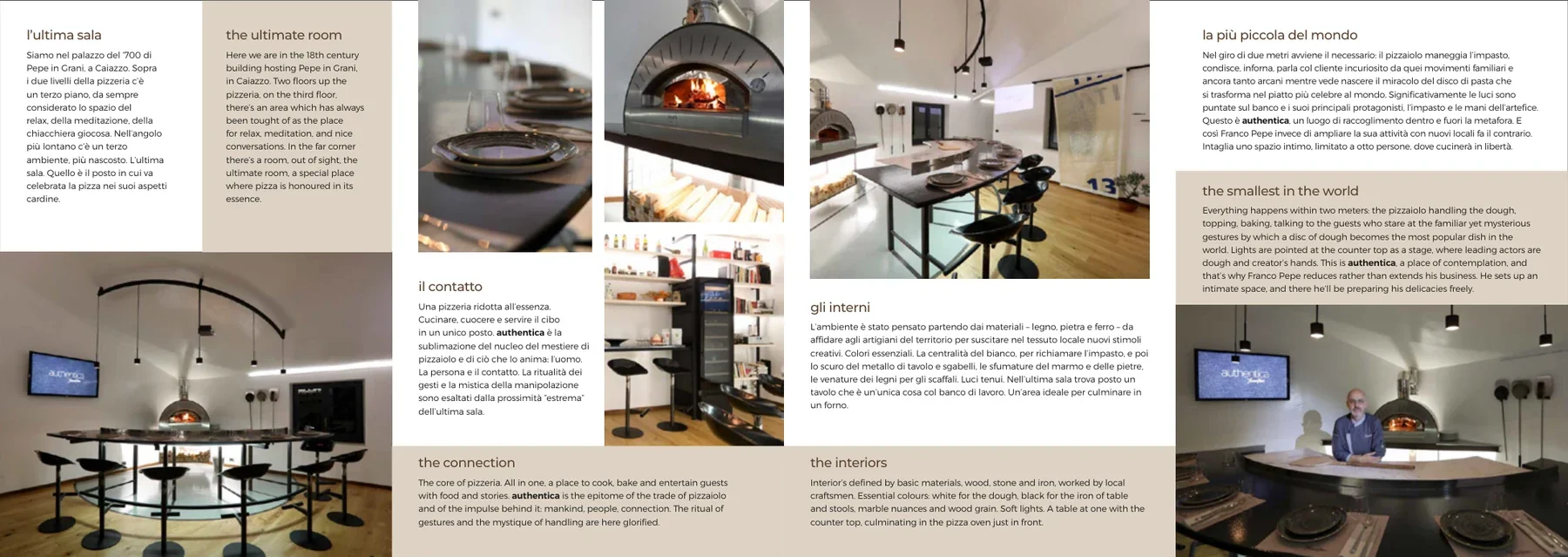 Sviluppo interno della brochure Authentica: layout coordinato di fotografie, testi italiani e inglesi.