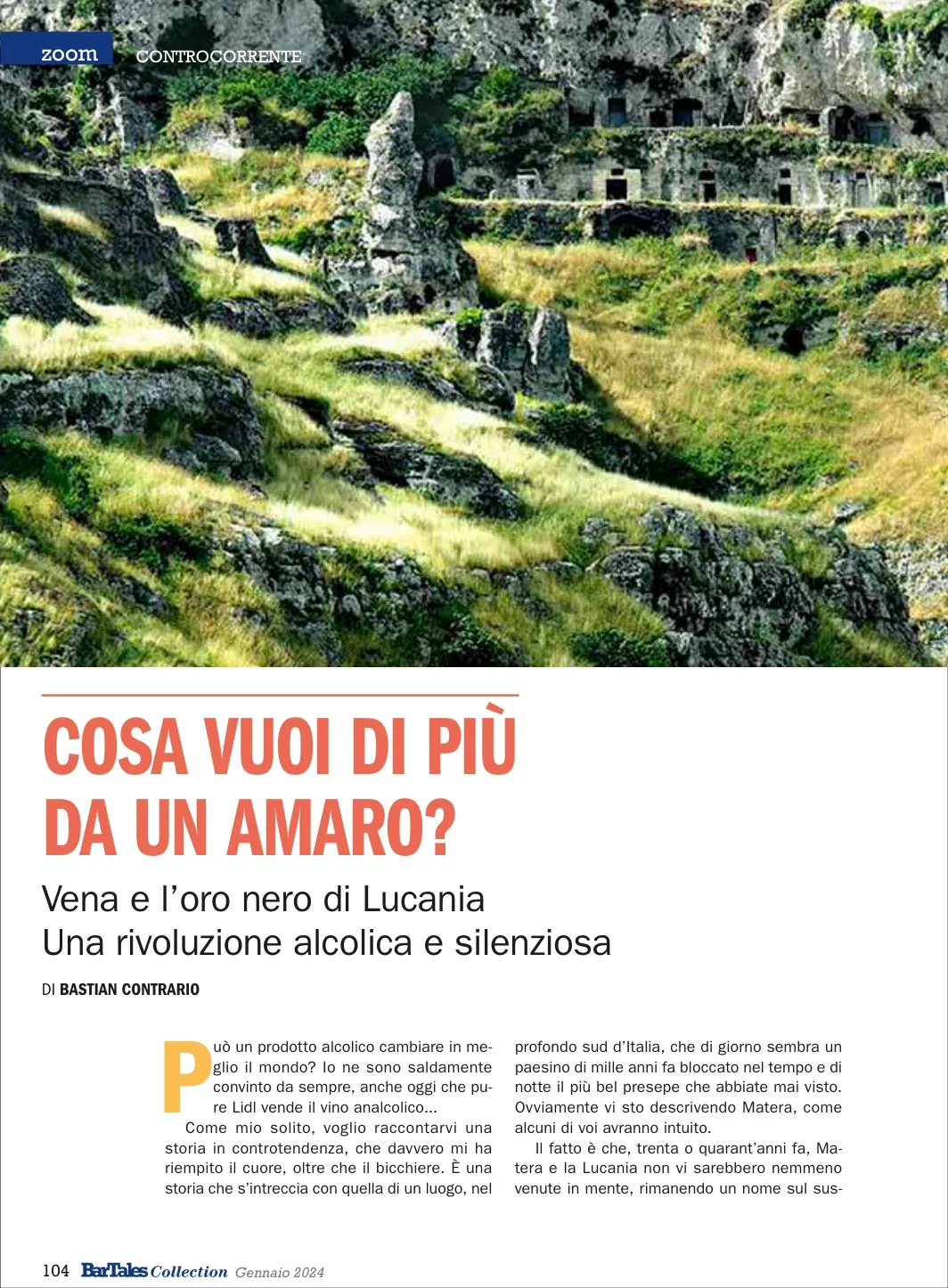 Pagina del magazine Bartales con paesaggio, titolo e impaginazione dell’articolo sugli amari.