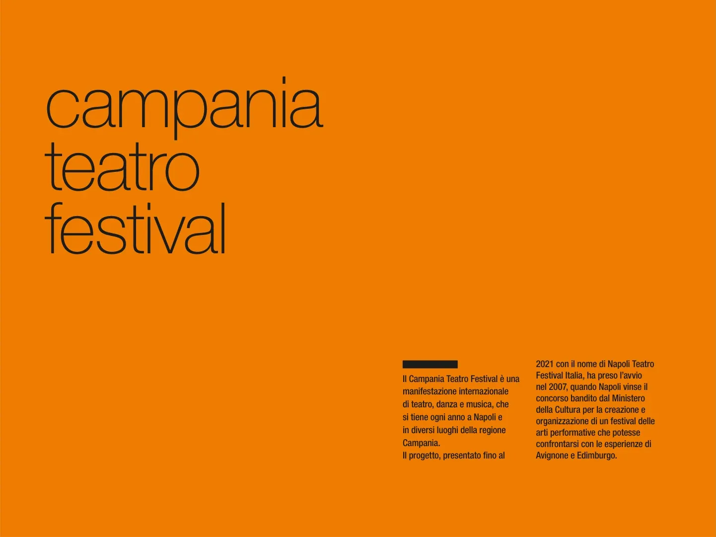 Copertina arancione del catalogo Campania Teatro Festival con titolo e note editoriali.
