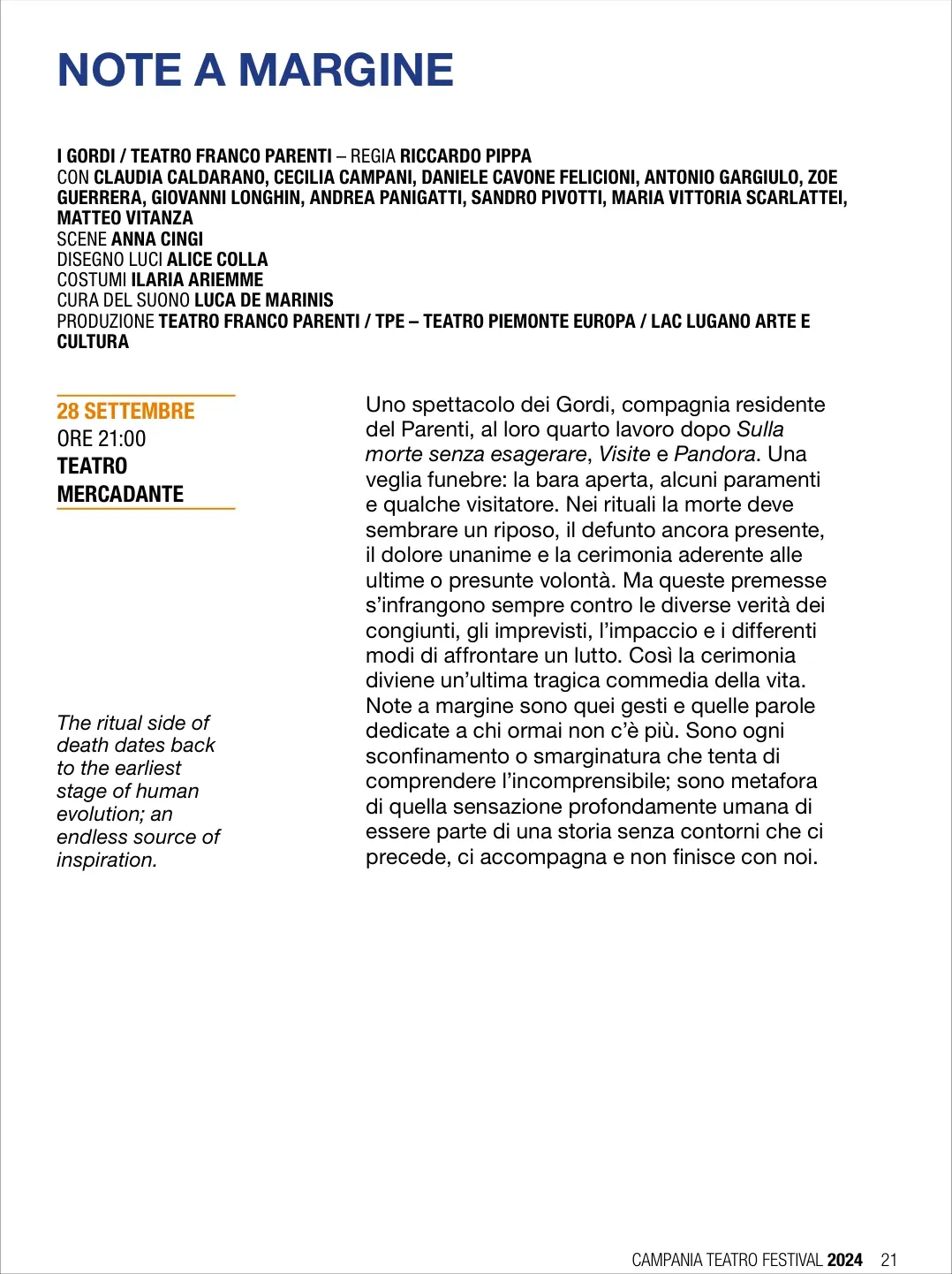 Pagina Note a margine del programma Campania Teatro Festival 2024 con crediti, date e testo bilingue.