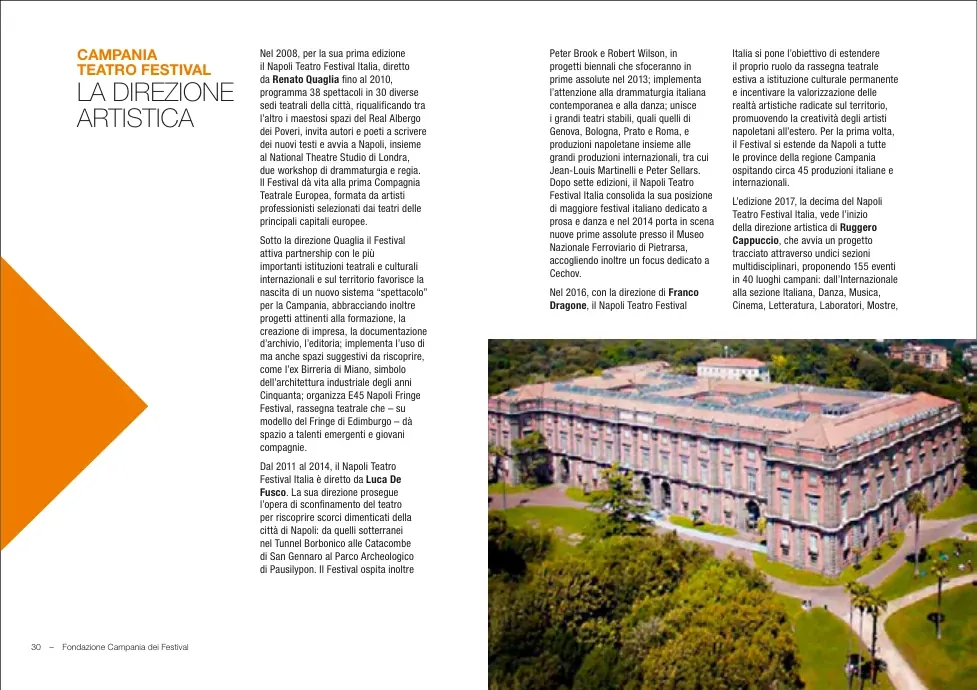 Doppia pagina della pubblicazione della Fondazione dedicata alla direzione artistica del Campania Teatro Festival.