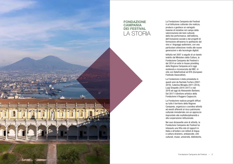 Doppia pagina della pubblicazione istituzionale dedicata alla storia della Fondazione, con fotografia di Napoli e testo.