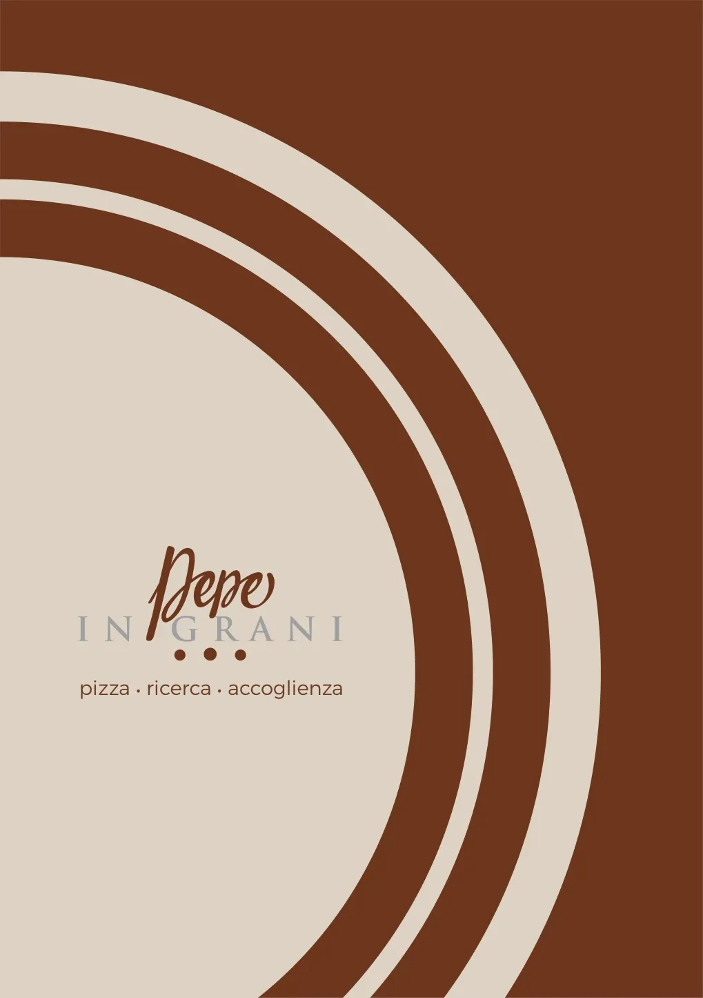 Copertina Pepe in Grani con marchio, archi concentrici e palette marrone e crema.