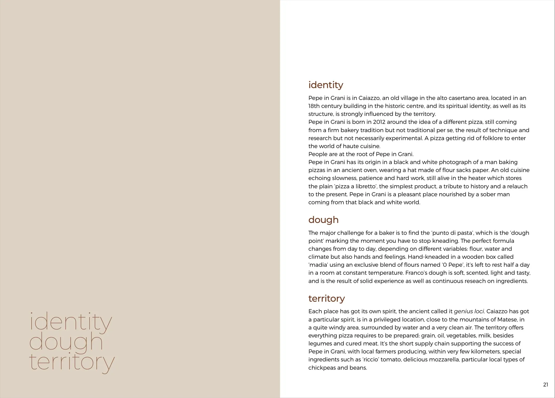 Doppia pagina Pepe in Grani: titolazione identity dough territory e racconto editoriale in inglese.