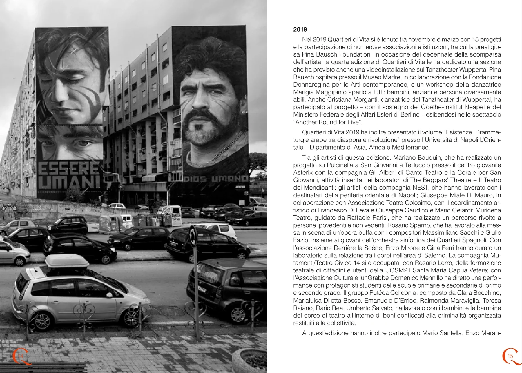 Doppia pagina Quartieri di Vita sul 2019 con fotografia urbana in bianco e nero e testo editoriale.