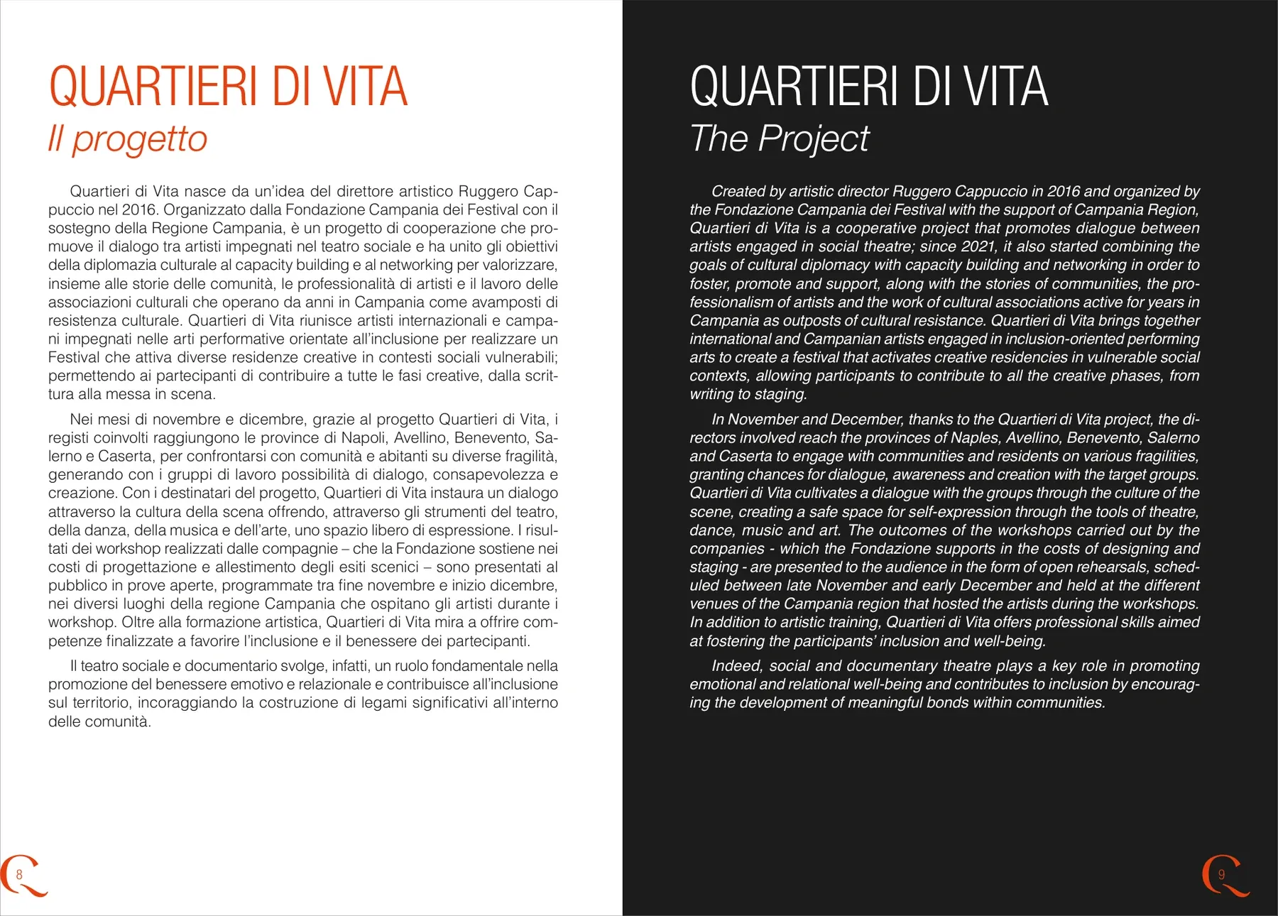 Doppia pagina Quartieri di Vita con presentazione del progetto in italiano e inglese su pagine bianca e nera.