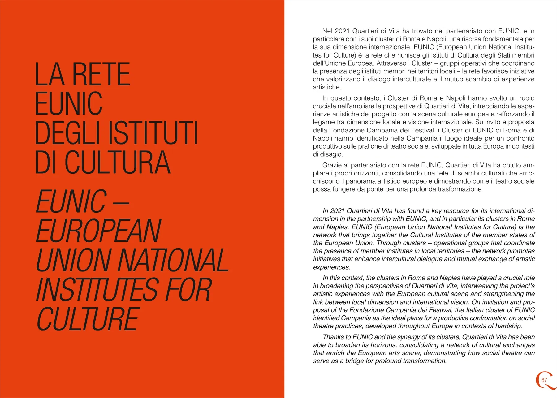 Doppia pagina di Quartieri di Vita dedicata alla rete EUNIC con titolazione arancione e testo bilingue.