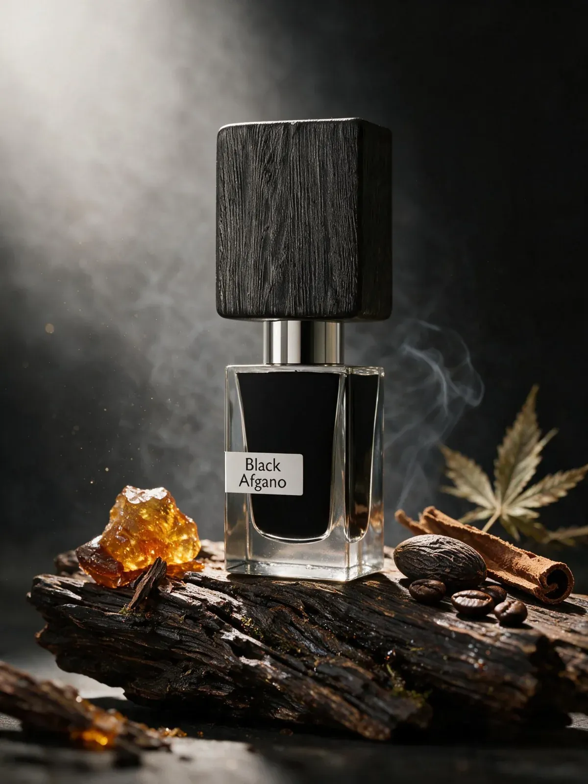 Flacone Black Afgano su legno con resine e foglie, visual AI.