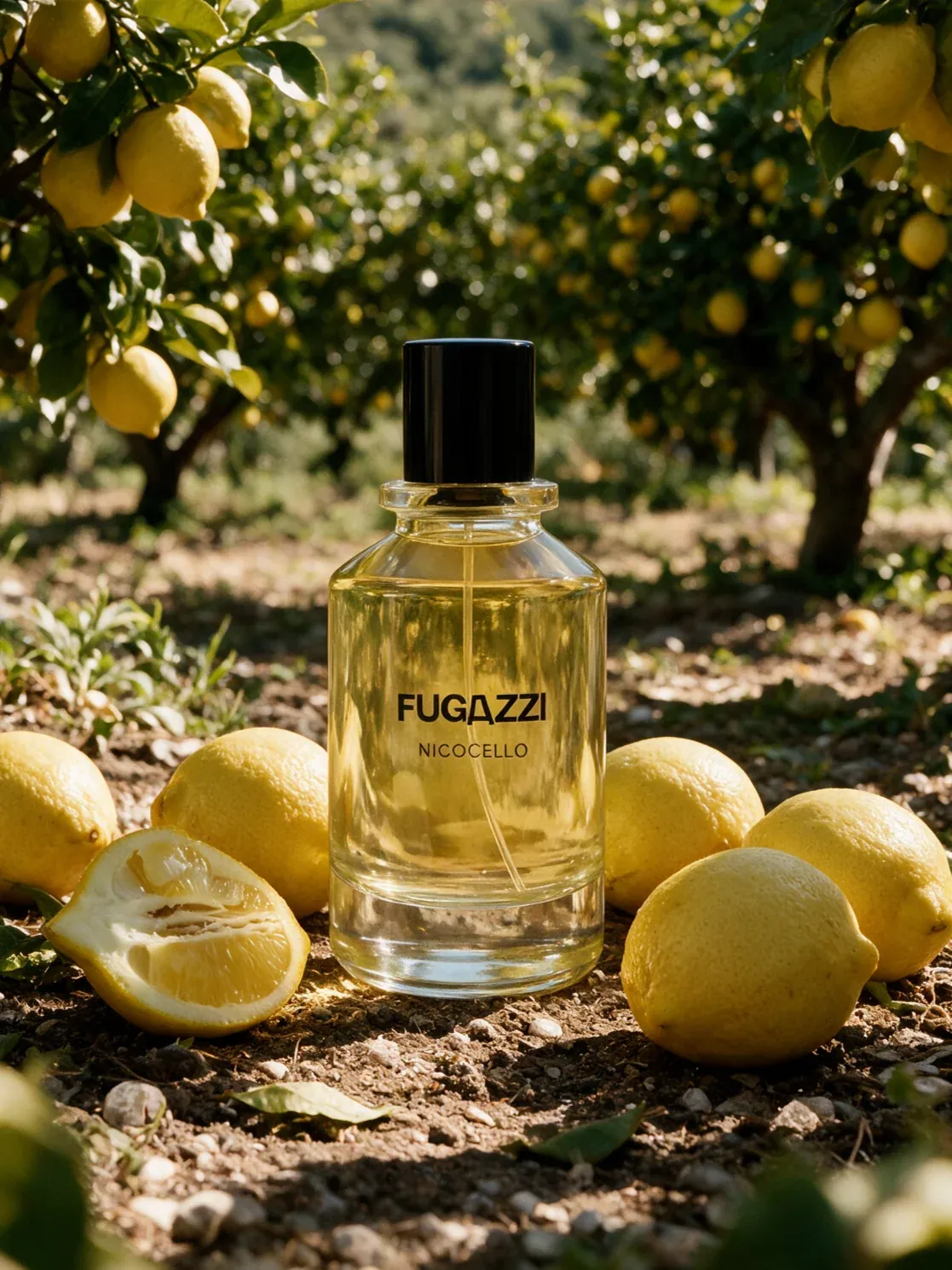 Flacone Nicocello tra limoni in un limoneto, visual AI.