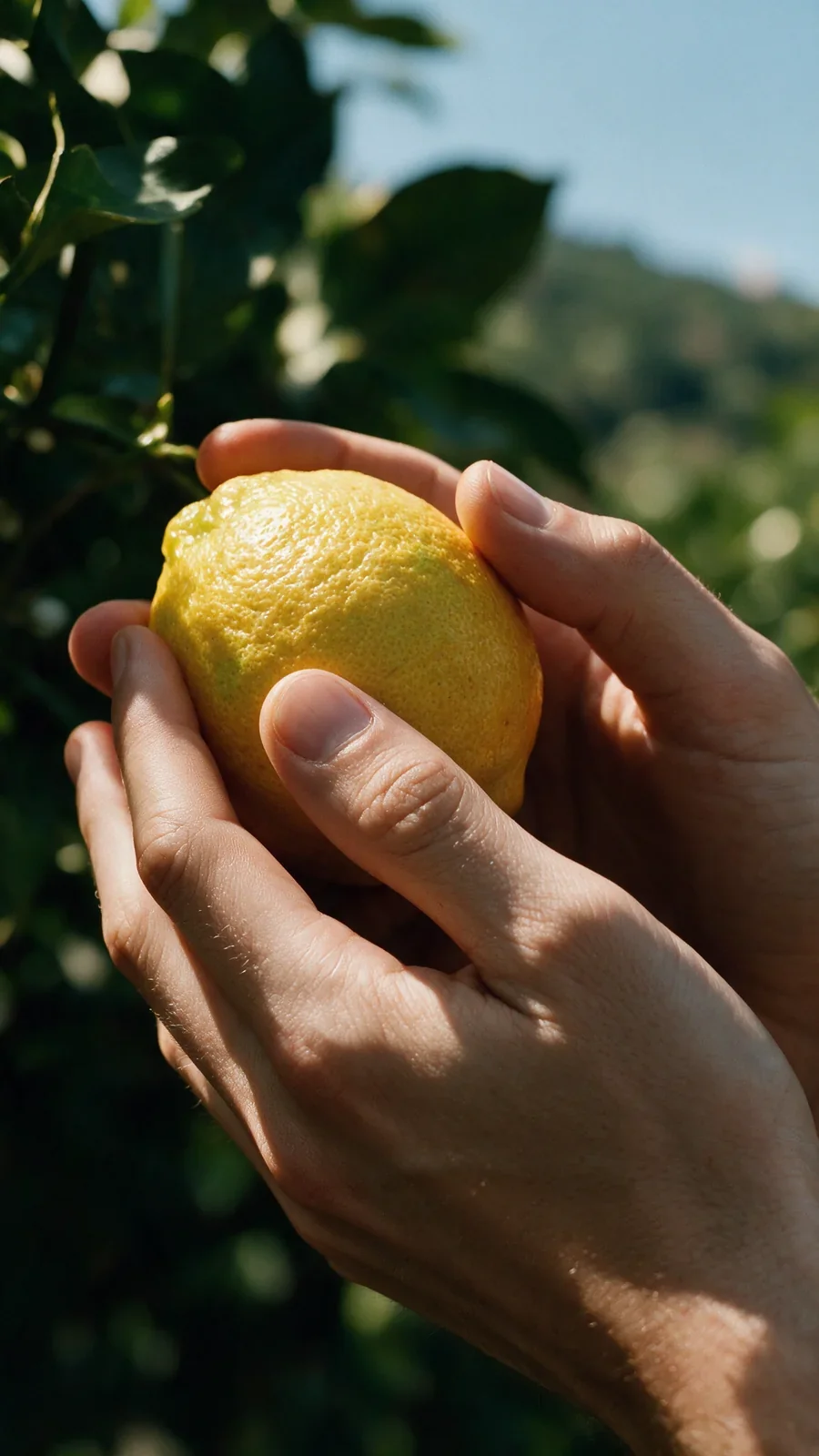 Mani che tengono un limone in un limoneto, visual AI.