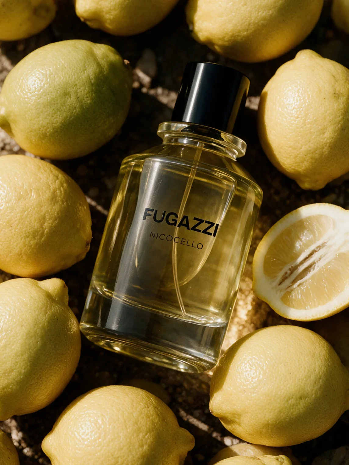 Flacone Nicocello circondato da limoni interi e tagliati, visual AI.