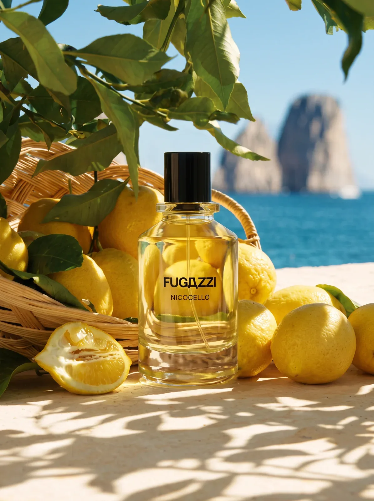 Flacone Nicocello tra limoni con il mare sullo sfondo, visual AI.
