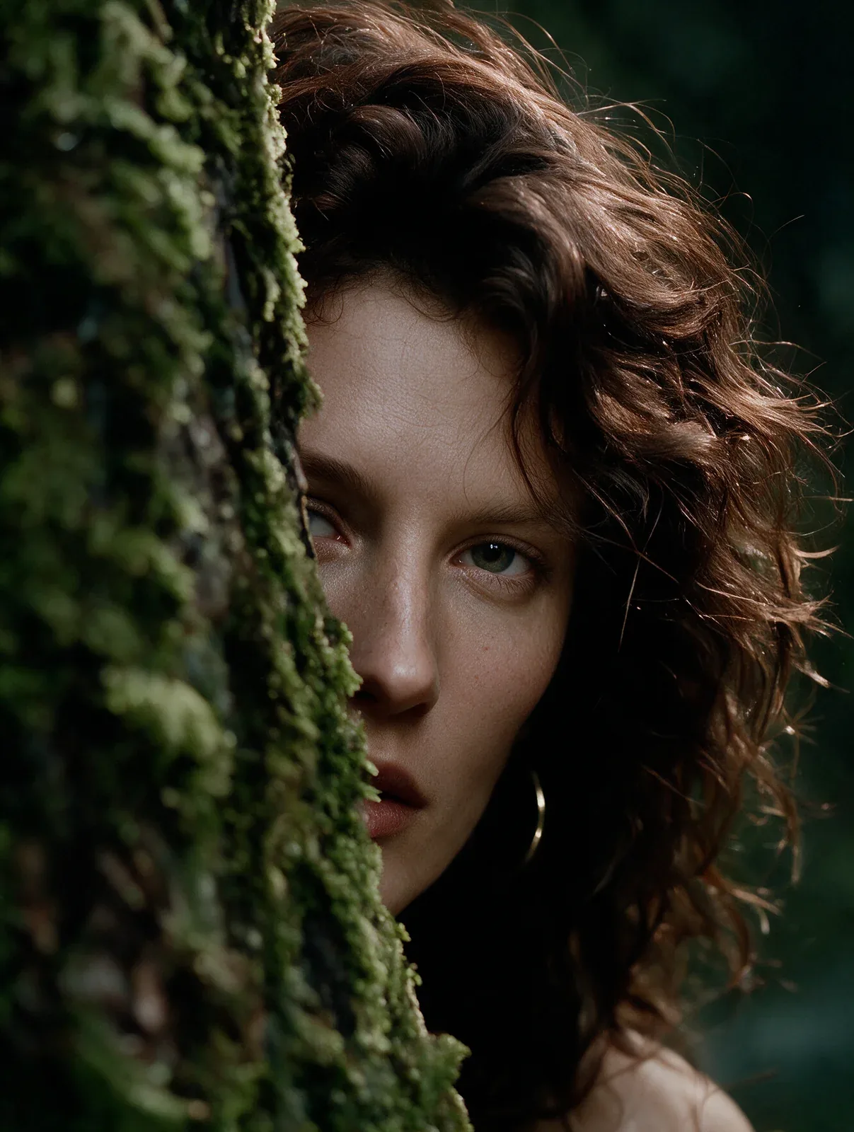 Ritratto di donna tra alberi e muschio, visual AI.