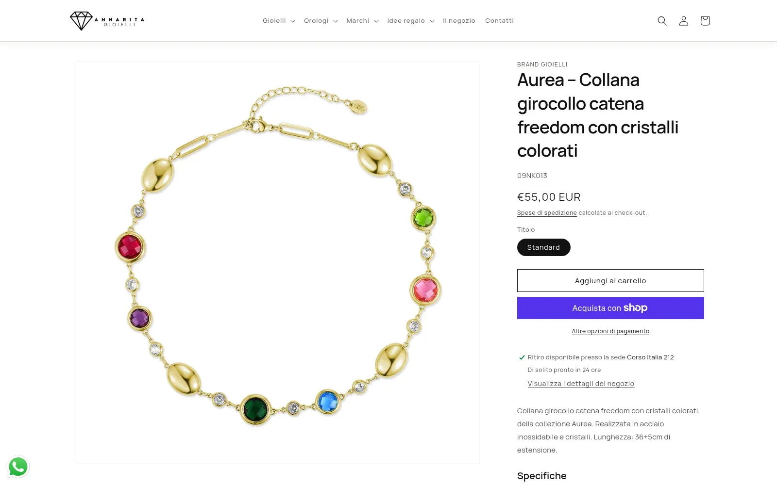 Annarita Gioielli: scheda della collana Aurea con cristalli colorati e opzioni di acquisto, screenshot originale su desktop.
