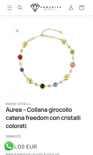 Annarita Gioielli: foto e titolo della collana Aurea nella scheda prodotto responsive, screenshot originale su mobile.