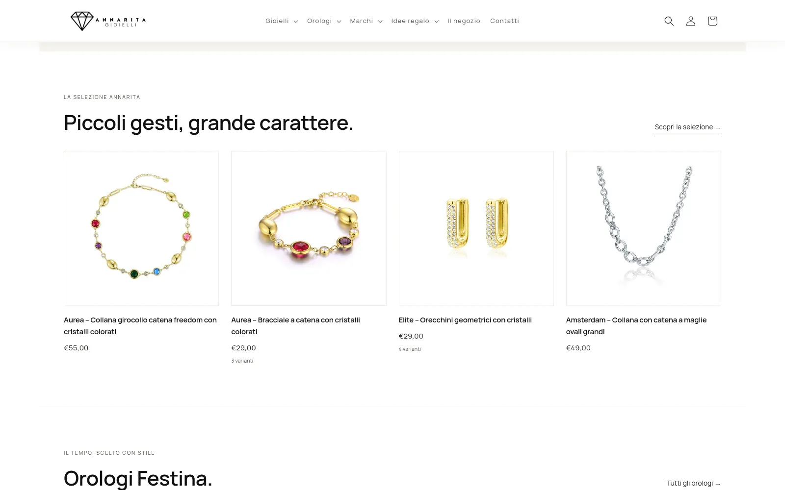 Annarita Gioielli: selezione di quattro gioielli con immagini, nomi e prezzi, screenshot originale su desktop.
