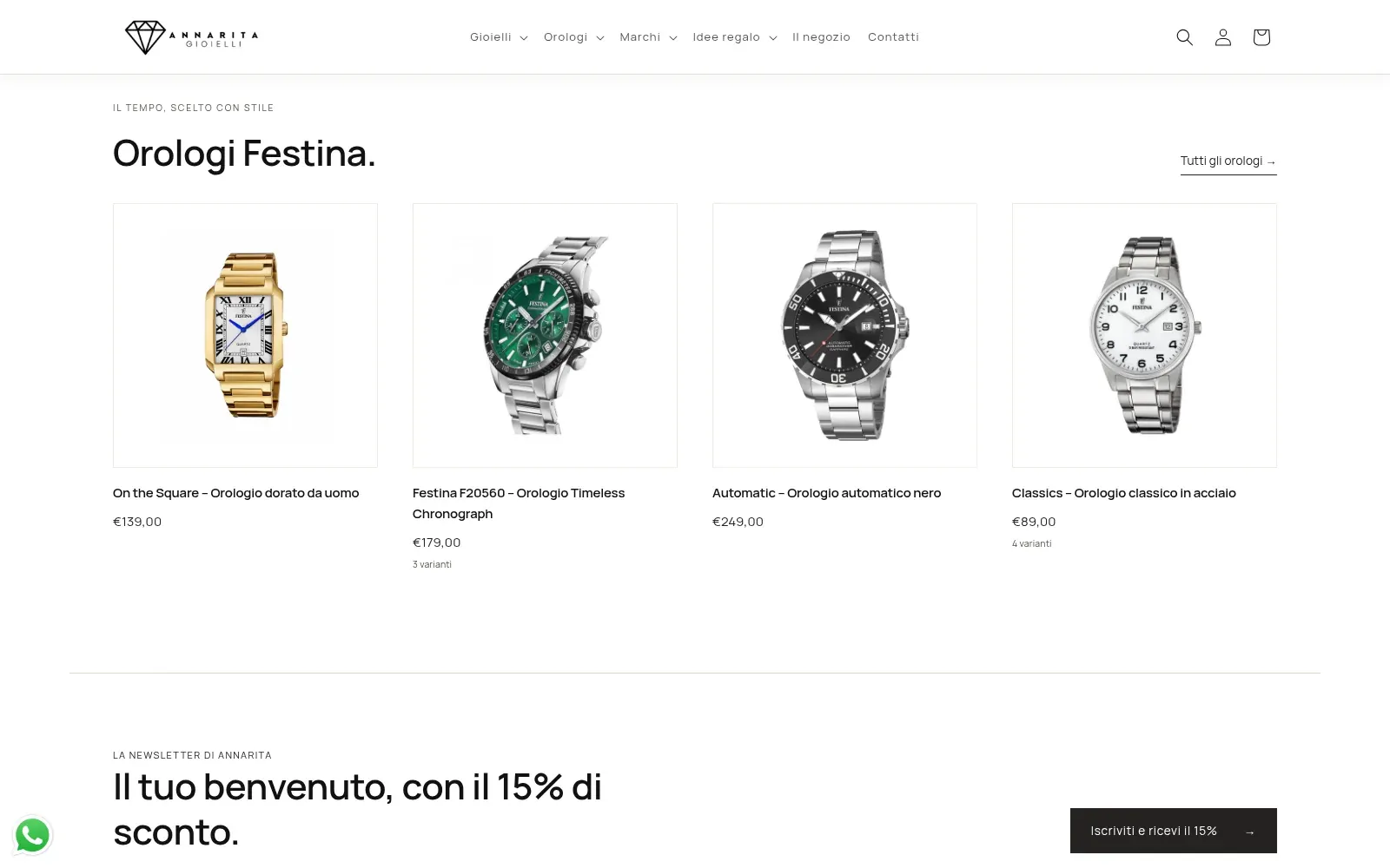 Annarita Gioielli: selezione di quattro orologi Festina con foto e prezzi, screenshot originale su desktop.