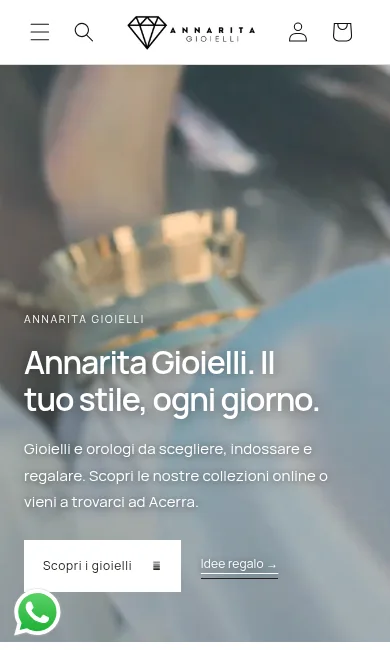Annarita Gioielli: homepage responsive con gioielli, introduzione e navigazione, screenshot originale su mobile.
