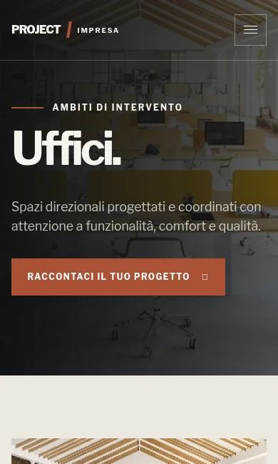 Projectimpresa: pagina dedicata agli uffici con fotografia degli interni e navigazione mobile, screenshot originale su mobile.