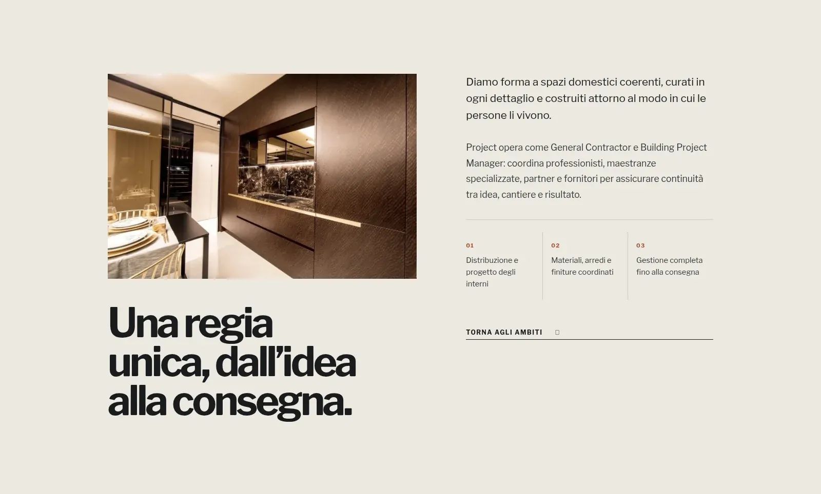 Projectimpresa: interni residenziali e descrizione dei servizi nella pagina dedicata, screenshot originale su desktop.