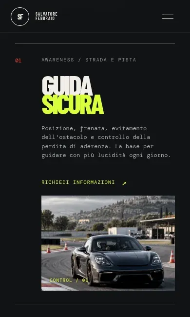 Salvatore Febbraio: programma di guida sicura con titolo, descrizione e fotografia del coaching, screenshot originale su mobile.