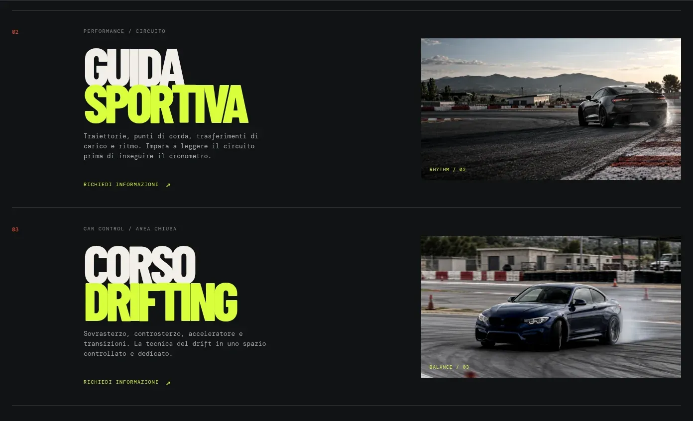 Salvatore Febbraio: percorsi di guida sportiva e drifting con fotografie delle auto in pista, screenshot originale su desktop.