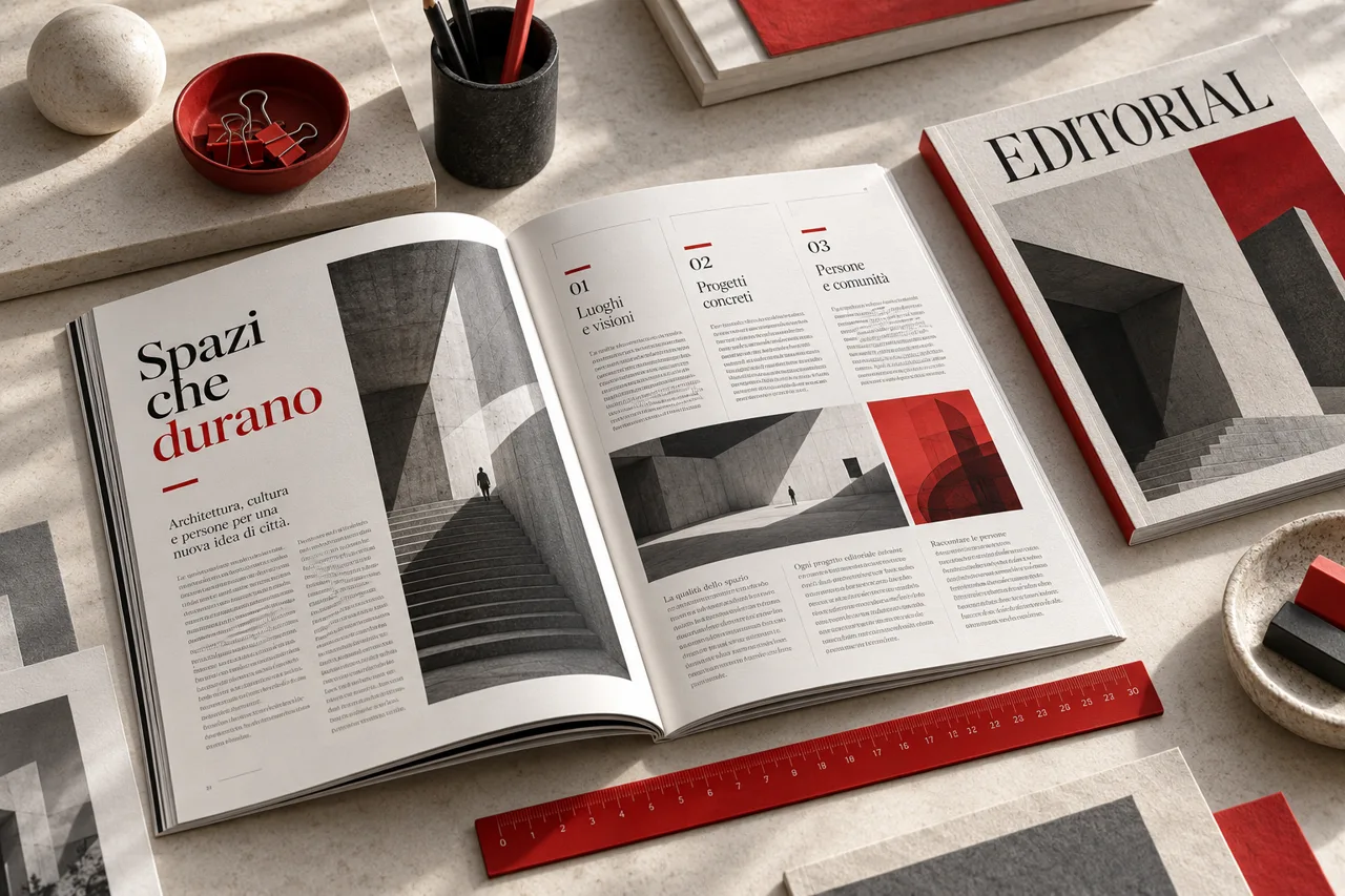 Visual illustrativo AI di una rivista con griglia editoriale e impaginazione.