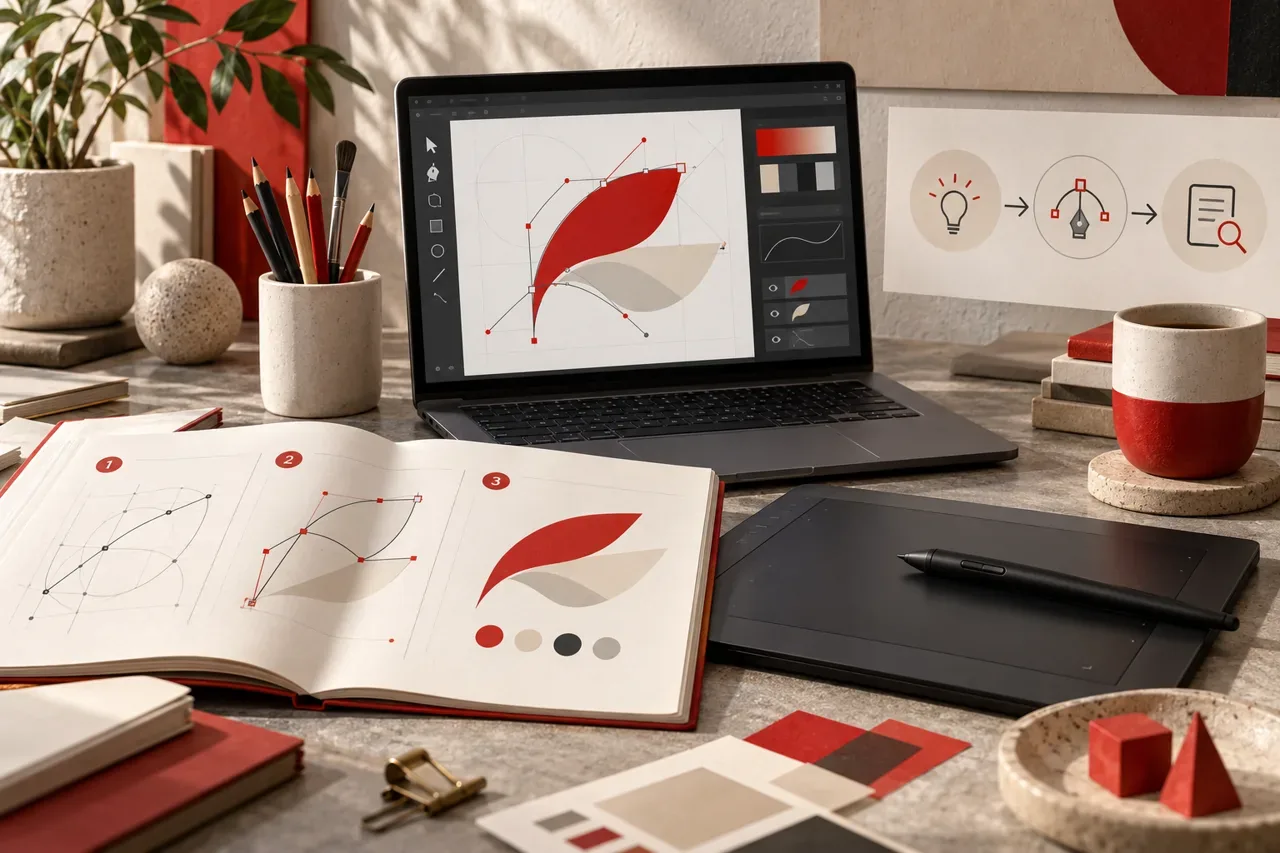 Visual illustrativo AI di una postazione per esercitazioni di grafica digitale.