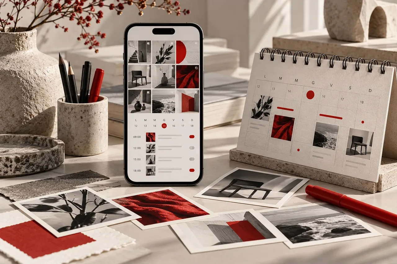 Visual illustrativo AI di un calendario editoriale e contenuti social programmati.
