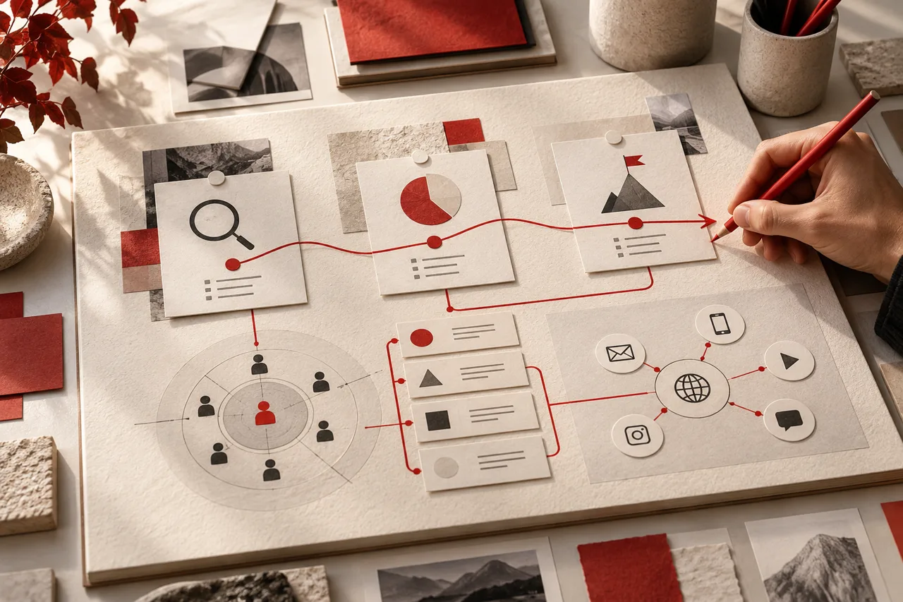 Visual illustrativo AI di pianificazione strategica, obiettivi e canali di comunicazione.